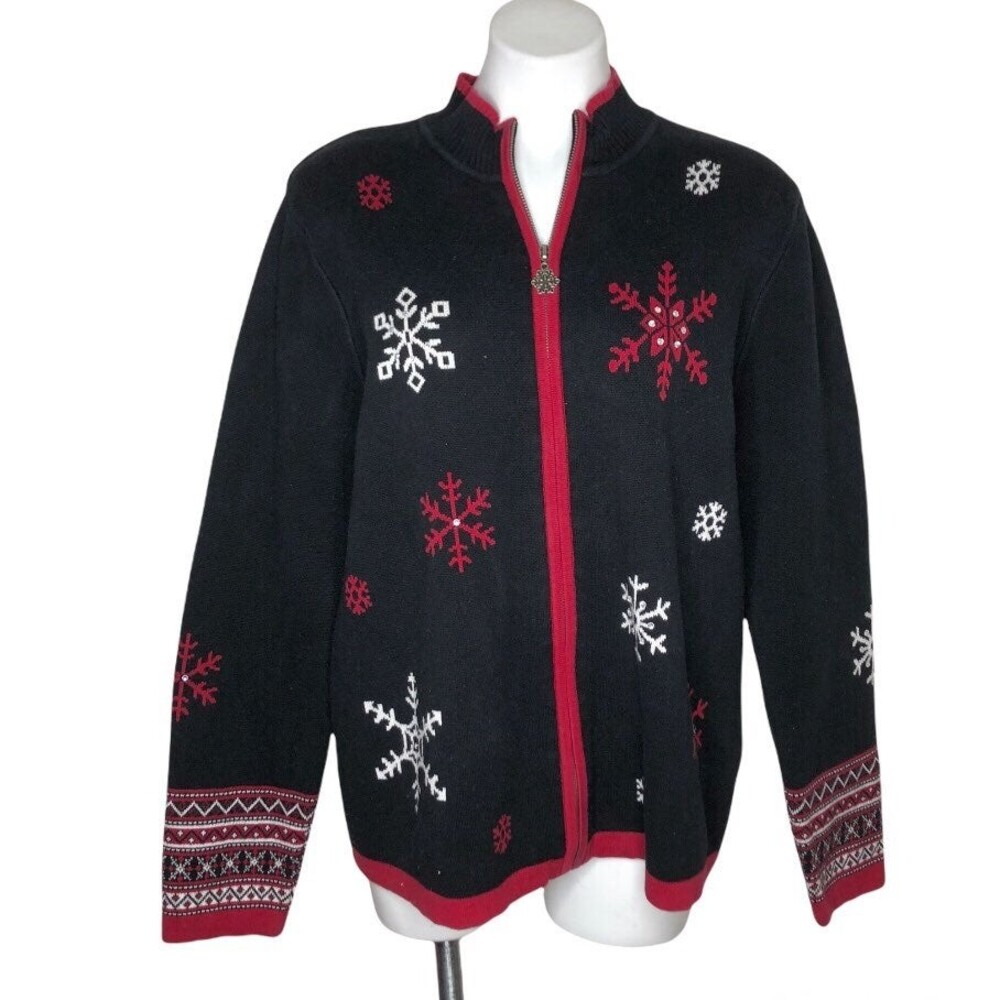 BRECKENRIDGE Christmas Holiday Snowflake Zip Sweater Heavy Cotton Knit Size XL